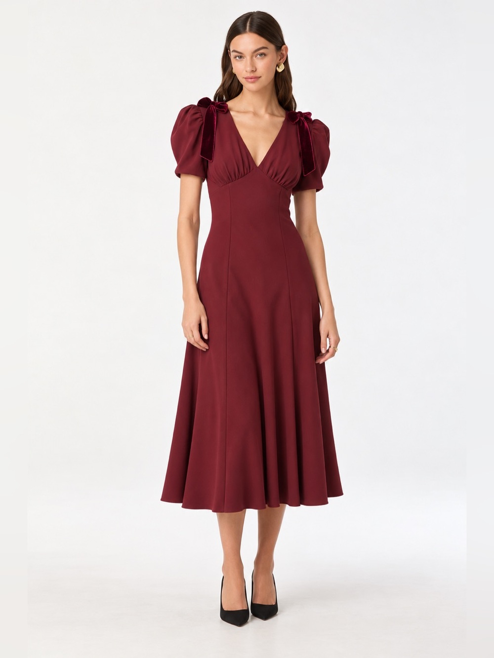 Astr the label $109 Burgundy Midi Dress with Black Ribbon Shoulder Ties